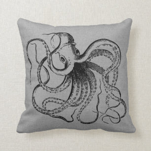 Rustikale graue Vintage-Oktopus-Illustration Kissen
