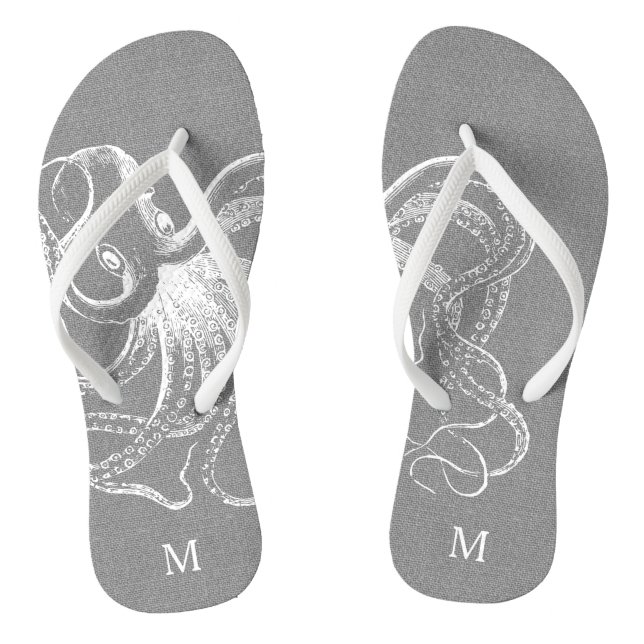 Rustikale graue Vintage-Oktopus-Monogramm Flip Flops (Fußbett)