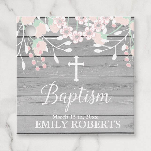 Rustikale Grauholz Blütenblütentaufe Geschenkanhänger (Vorderseite)