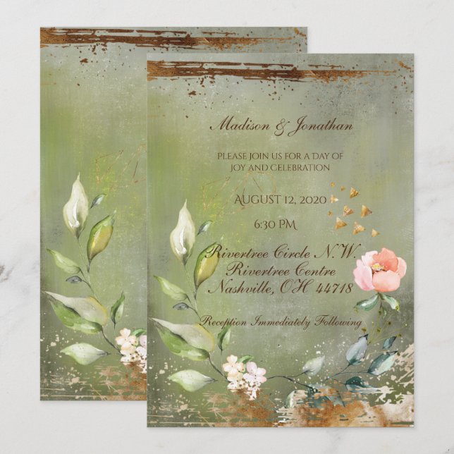 Rustikale Green Floral Gold-Script-Hochzeit Einladung (Vorne/Hinten)