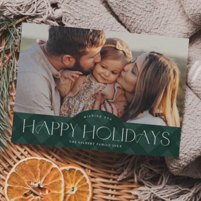 Rustikale Green Kariert Budget Foto Ferienkarte (Rustic green plaid budget photo holiday card.)