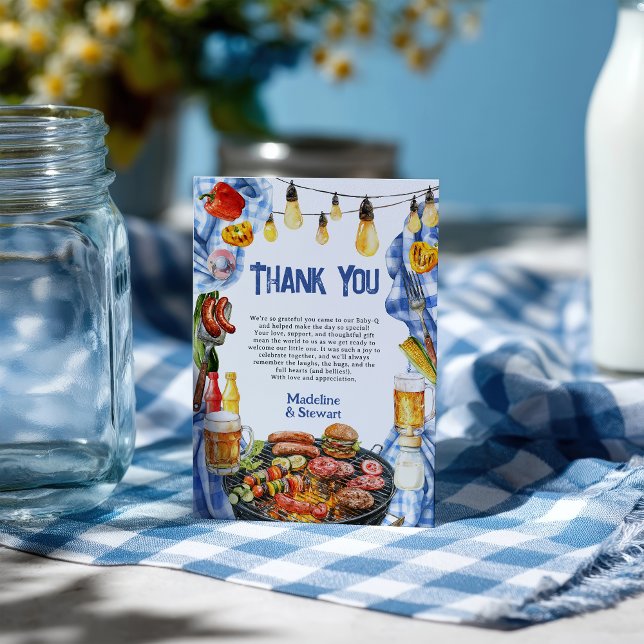 Rustikale GRILLEN Summer Blue Kariert Baby-Q Dusch Dankeskarte (Rustic BBQ Summer Blue Plaid Baby-Q Shower Thank You Card)