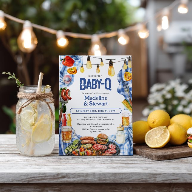 Rustikale GRILLEN Summer Blue Kariert Baby-Q Dusch Einladung (Rustic BBQ Summer Blue Plaid Baby-Q Shower Invitation)