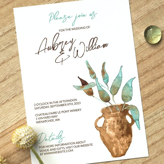 Rustikale grüne Blätter, Einladungen zu Clay Pot H (Clay Terracotta Pot, Eucalyptus Green Leaves Simple Botanical Wedding Invitation, Painted Watercolor)