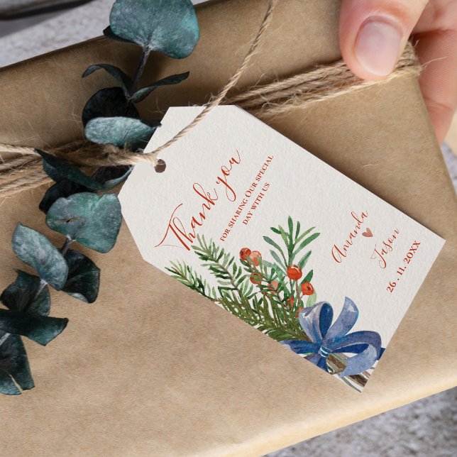 Rustikale Grüne Blätter Weihnachtsfeier in den Ber Geschenkanhänger (Rustic Green Leaves Red Berries Christmas Wedding Gift Tags)
