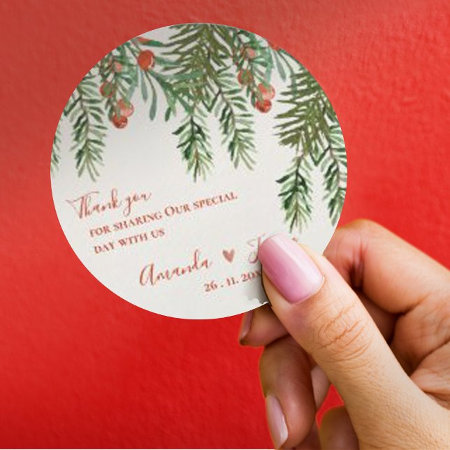 Rustikale Grüne Blätter Weihnachtsfeier in den Ber Runder Aufkleber (Rustic Green Leaves Red Berries Christmas Wedding Classic Round Sticker)