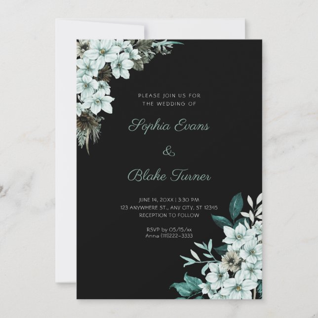 Rustikale grüne Blume Boho Black Wedding Einladung (Vorderseite)