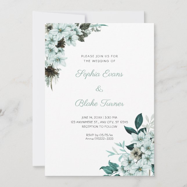 Rustikale grüne Blume Boho White Wedding Einladung (Vorderseite)