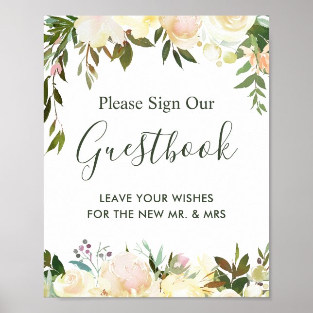 Rustikale Grüne Blumen Hochzeitsgästebuch-Schild Poster (Vorne)