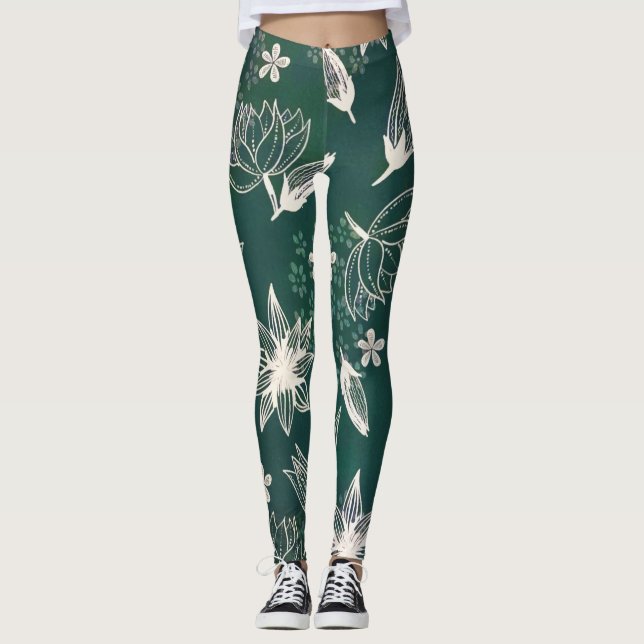 Rustikale grüne botanische Wildblumen Blossom Leggings (Vorderseite)