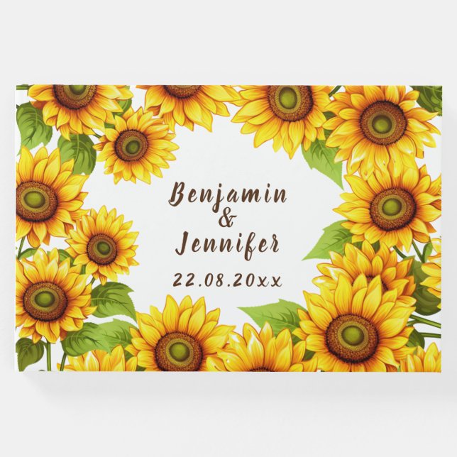 Rustikale Grüne elegante moderne Sonnenblumenhochz Gästebuch (Vorderseite)
