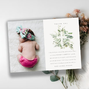 Rustikale grüne Eukalyptus Fauna Cross Foto Taufe Dankeskarte