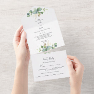 Rustikale Grüne Eukalyptus Sommerhochzeit. All In One Einladung
