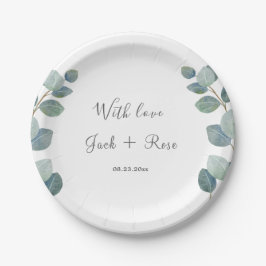 Rustikale Grüne Eukalyptus Sommerhochzeit. Pappteller