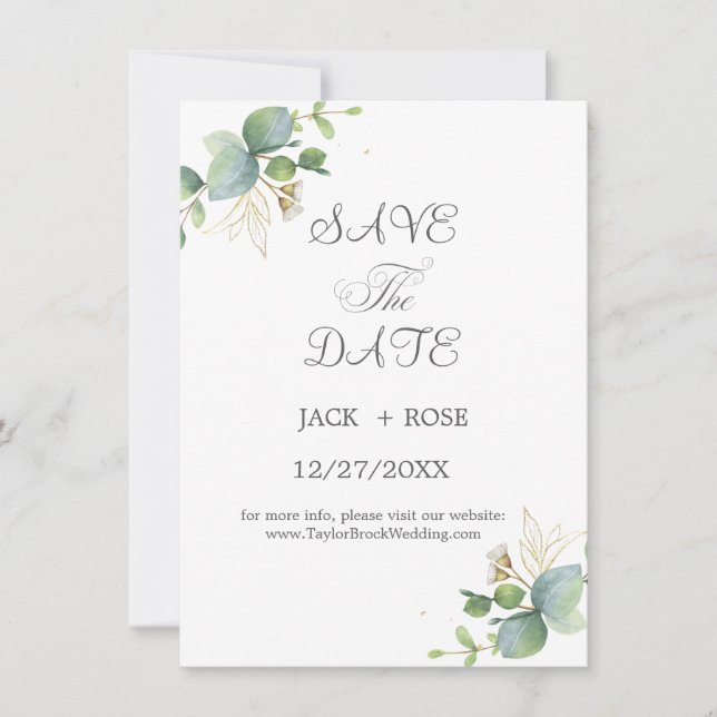 Rustikale Grüne Eukalyptus Sommerhochzeit. Save The Date (Vorderseite)