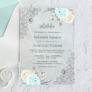 Rustikale grüne Floralspitze muslimische Hochzeit Acryleinladungen