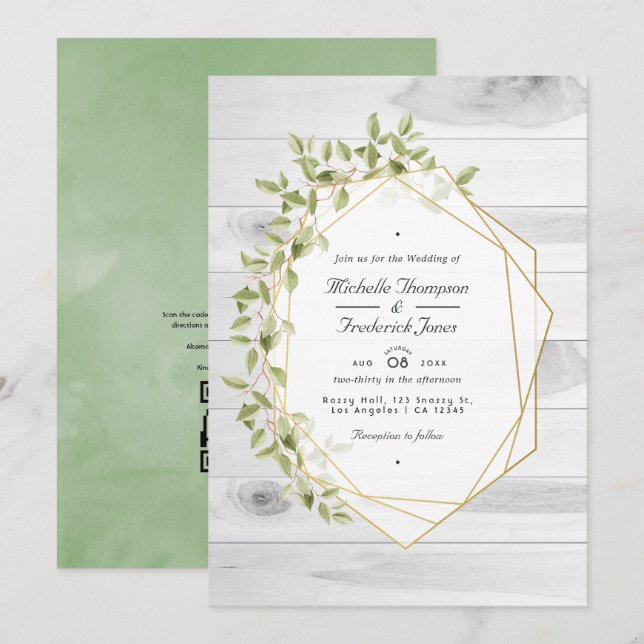 Rustikale Grüne Geometrische QR-Code-RSVP-Hochzeit Einladung (Vorne/Hinten)