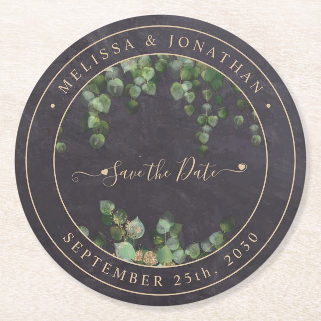 Rustikale Grüne Gold Hochzeit retten Datum Runder Pappuntersetzer (Vorderseite)