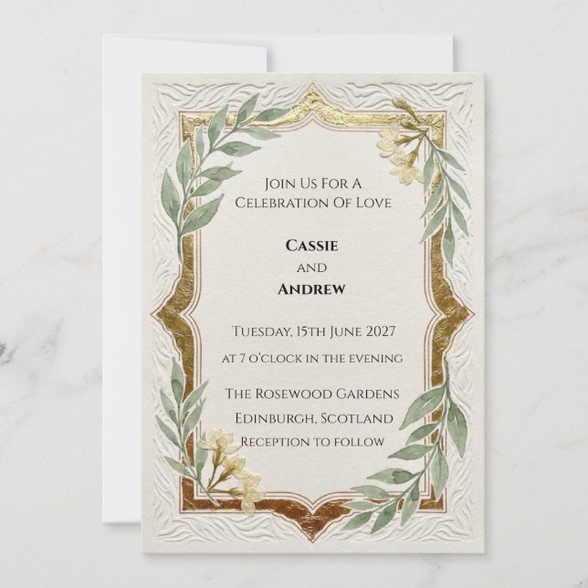 Rustikale grüne Goldrahmen-Hochzeit Einladung (Vorderseite)