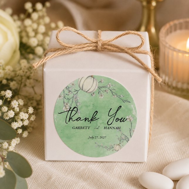 Rustikale grüne Herbst-Kürbis-Hochzeit Runder Aufkleber (Von Creator hochgeladen)