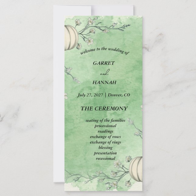 Rustikale grüne Herbst-Kürbis-Hochzeitsprogramme (Vorderseite)