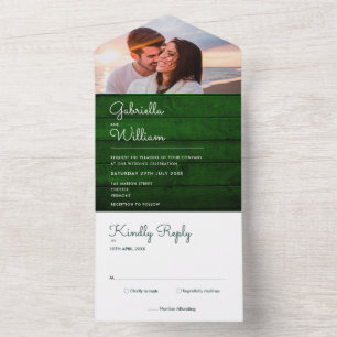 Rustikale grüne Holz-Lichterkette Foto-Hochzeit All In One Einladung