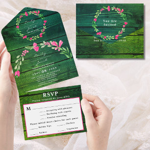 Rustikale grüne Holz-Rosa-Blumen-Landhochzeit-RSVP All In One Einladung