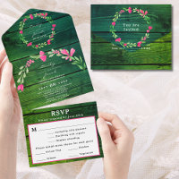 Rustikale grüne Holz-Rosa-Floral-Landhochzeit-RSVP