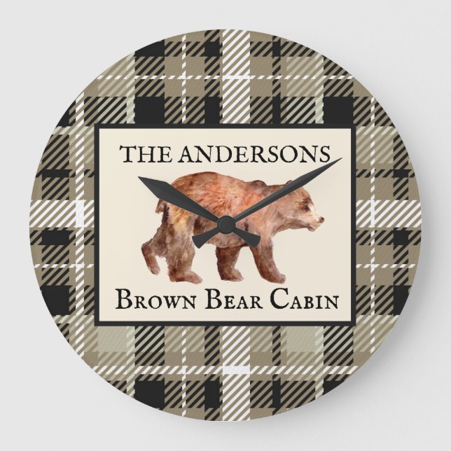Rustikale, grüne Karierte Kabine Bärendekor Große Wanduhr (Vorderseite)