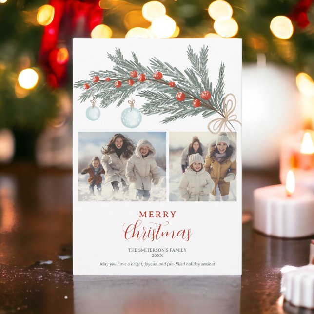 Rustikale grüne Kiefernrot Frohe Weihnachten 3 Fot (Rustic green pine red Merry Christmas 3 photos Holiday Card)