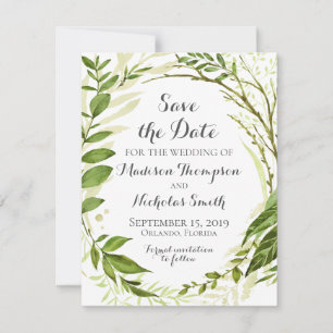 Rustikale grüne Kranzhochzeit speichert die Datums Save The Date