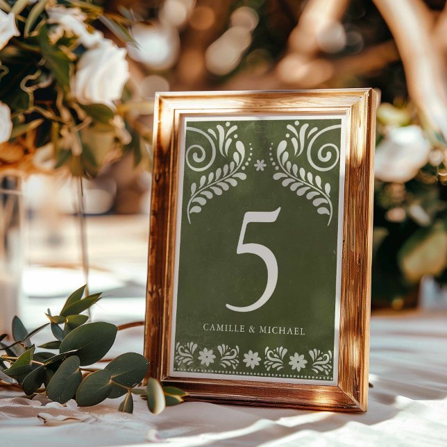 Rustikale Grüne Mexikanische Hochzeit Tischnummer (Green Papel Picado Wedding Table Numbers signs)