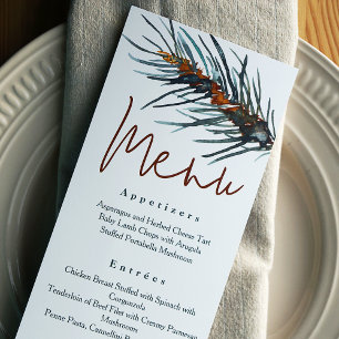 Rustikale grüne Pine Needles Empfang Dinner Menü Einladung