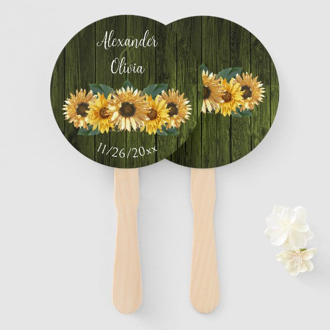 Rustikale grüne Sonnenblume Gastgeschenk Hochzeit  Fächer (Vorne und Hinten)