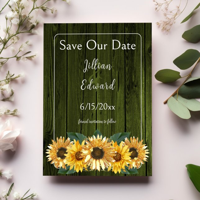 Rustikale grüne Sonnenblume Save the Date Ankündigung (Rustic Green Sunflower Save the Date)