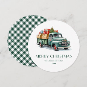 Rustikale grüne Truck-Gingham-Karo-Weihnachtskarte Feiertagskarte