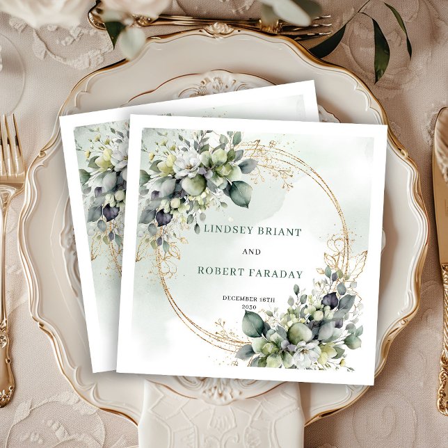 Rustikale grüne und goldene Blumen-Hochzeitsservie Serviette (Rustic Green and Gold Floral Wedding Napkins)