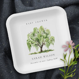 Rustikale grüne Wasserfarbe Willow Tree Babydusche Pappteller