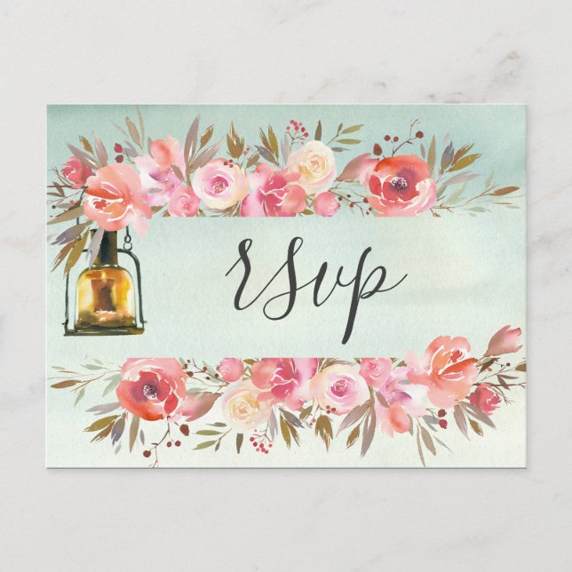 Rustikale grüne Wasserfarben Blumenlattern Hochzei Einladungspostkarte (Vorderseite)