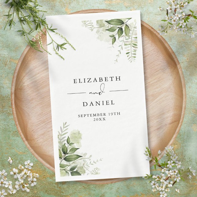 Rustikale Grünpflanzen Blumenbezeichnungen Datum Serviette (Rustic Greenery Floral Elegant Names Date Paper Guest Towels)