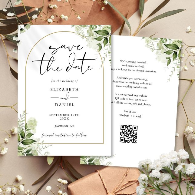 Rustikale Grünpflanzen Goldener Torbogen QR-Code H Save The Date (Rustic Greenery Gold Arch QR Code Wedding Save The Date)