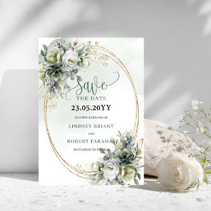 Rustikale Grünpflanzen und Gold Save The Date Kart