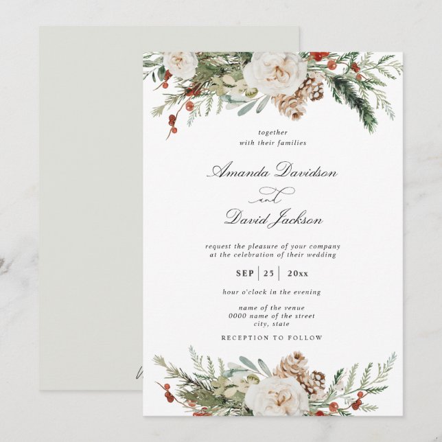 Rustikale Grünpflanzen Weiße Blütenroter Berries H Einladung (Vorne/Hinten)