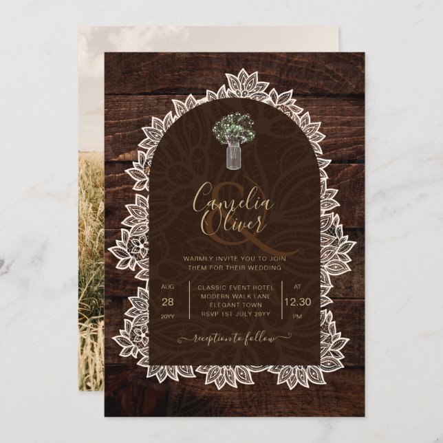 Rustikale Gypsophila Lace FOTO WEDING INVITATION Einladung (Vorne/Hinten)
