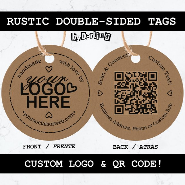 Rustikale Handarbeit mit Liebe-QR-Code Geschenkanhänger (Rustic Handmade with Love Double-Sided Tags with Custom Logo & QR Code)