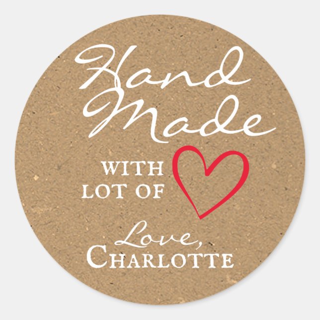 Rustikale Handarbeit mit Liebe Red Heart Kraft Pap Runder Aufkleber (Vorderseite)