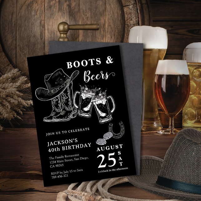 Rustikale Handschuhstiefel & Bier jeden Geburtstag Einladung (Rustic Hand Sketch Boots & Beers Any Age Birthday Invitation)