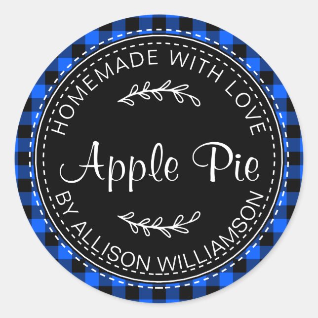 Rustikale hausgemachte Apple Pie Blue Black Karier Runder Aufkleber (Vorderseite)