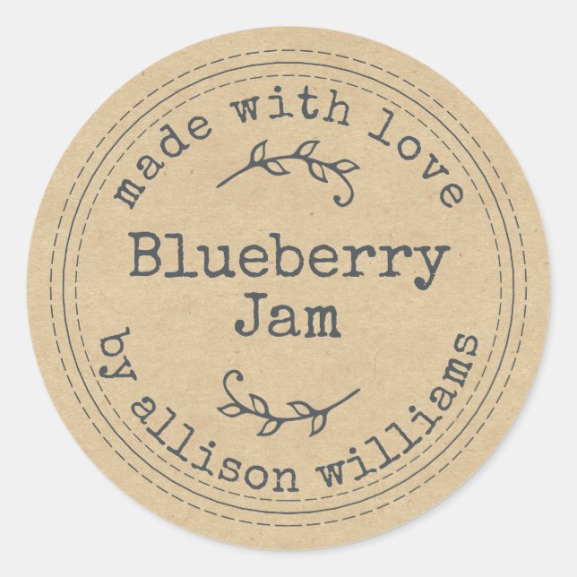 Rustikale hausgemachte Blueberry Jam Kraft Paper C Runder Aufkleber (Vorderseite)