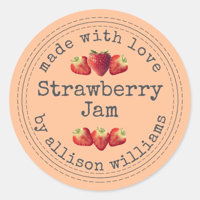 Rustikale hausgemachte Strawberry Jam Peach Orange Runder Aufkleber (Vorderseite)